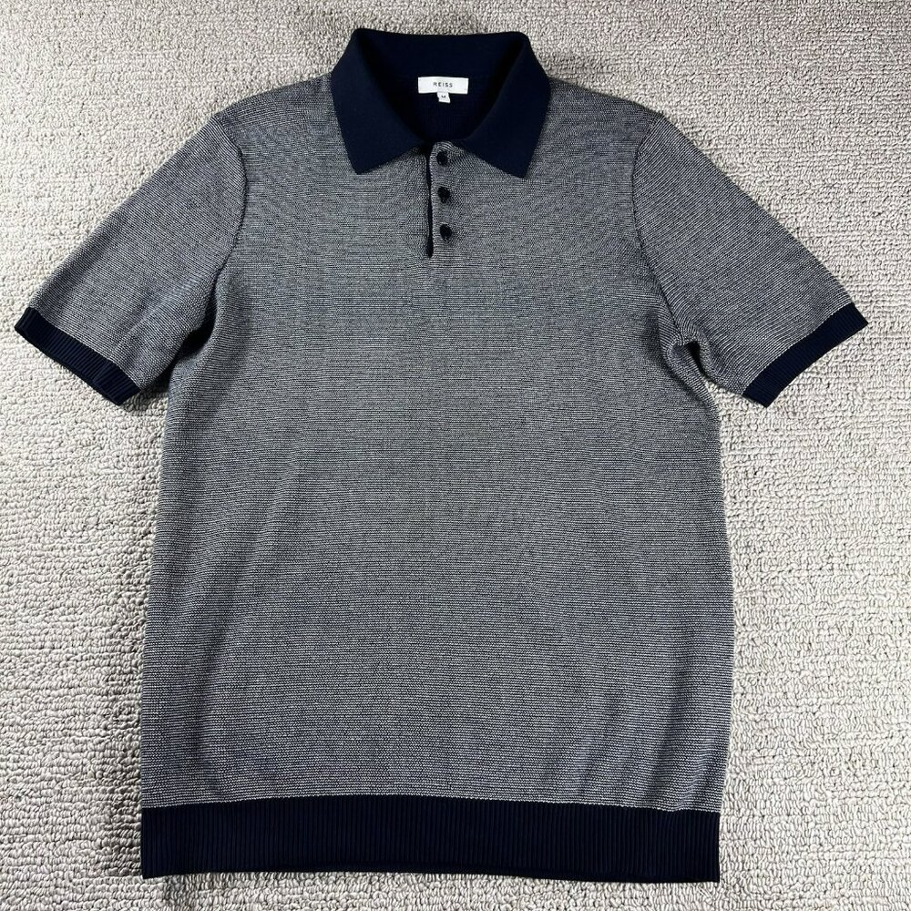 Reiss Men's Grey and Navy Short-Sleeve Polo